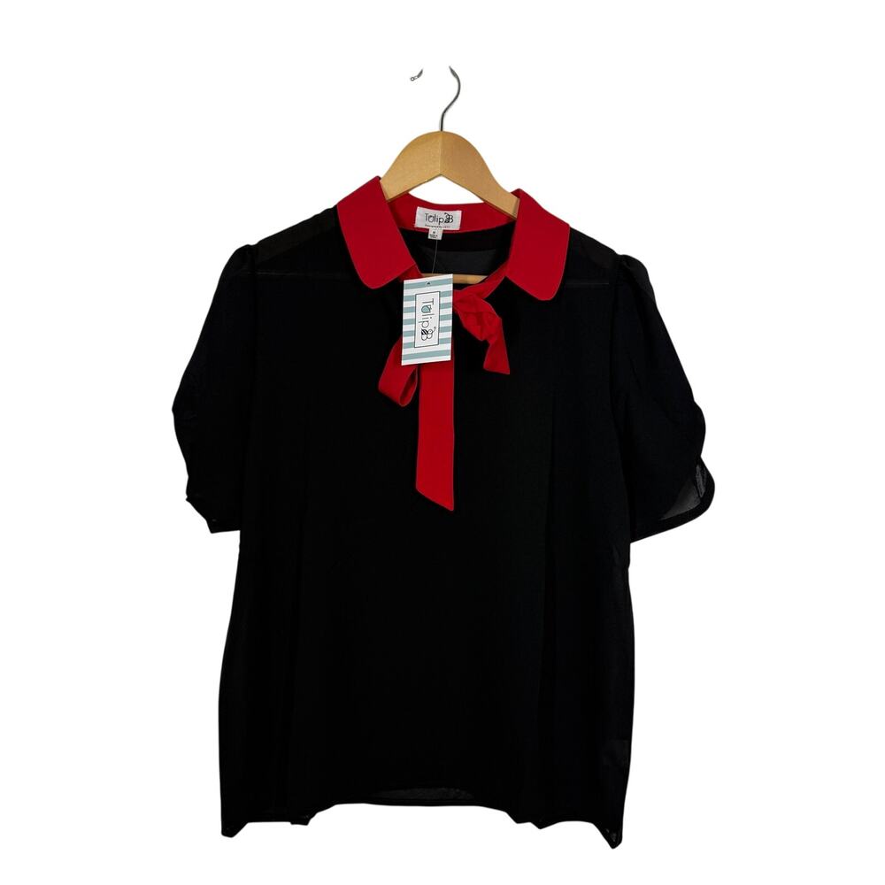 Tulip B Black Sheer Blouse Women's Medium Red Collar Bow Tie Top Retro Pinup NWT